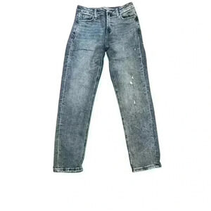 Straight leg jeans. Some distressing on the left leg. high waist 27" inseam.
